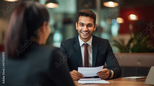 Indian insurance sales man or investing advisor explaining the plan to her client.