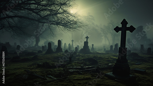 Eerie fog envelops ancient graveyard