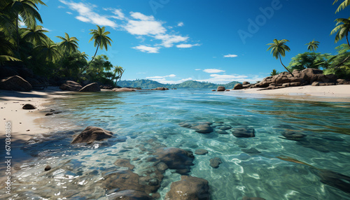 Tropical palm trees sway, waves crash on turquoise coastline generated by AI © Jemastock