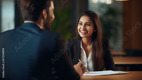 Indian insurance sales woman or investing advisor explaining the plan to her client.
