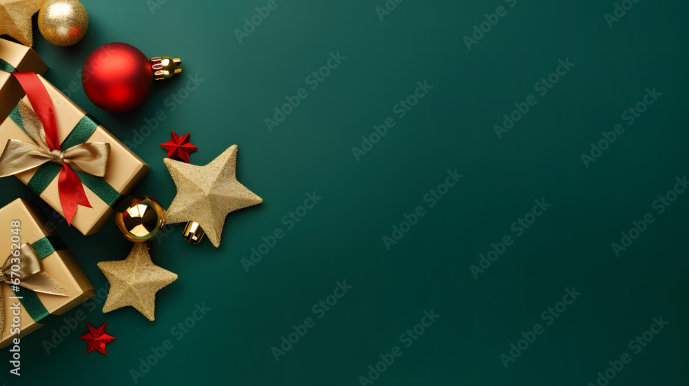 Green background with christmas decorative items such as red bow,gold gift box,gold star,green bow and gold bell,Festive Holiday Decorations, Top view, copyspace