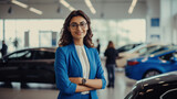 confident woman standing at car showroom