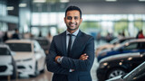 confident man in suit standing at car showroom