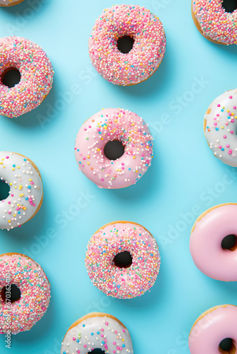 minimalistic blue background with donuts, top view with empty copy space