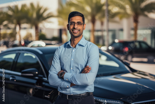 Successful businessman standing with new car
