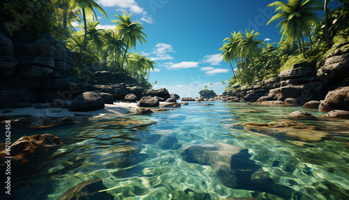 Tropical paradise blue water, green forest, palm tree, sandy coastline generated by AI