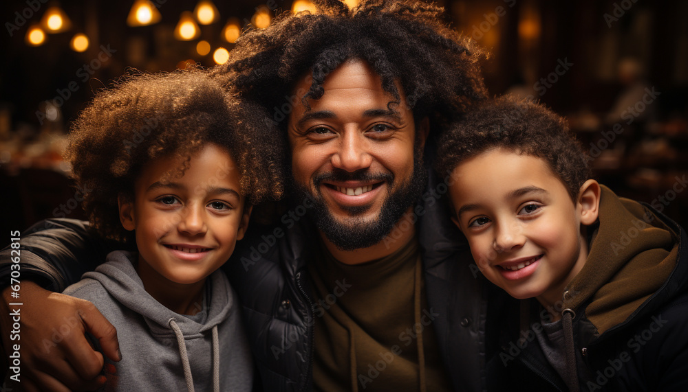 A happy family, smiling and looking at camera outdoors generated by AI A happy family, smiling and looking at camera outdoors generated by AI