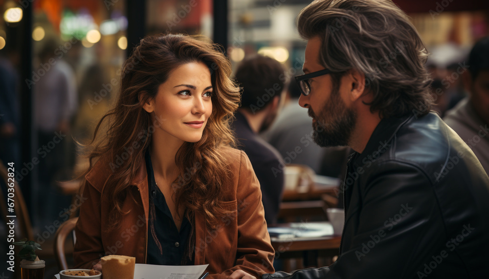 Young adults enjoying a coffee break in a cozy cafe generated by AI