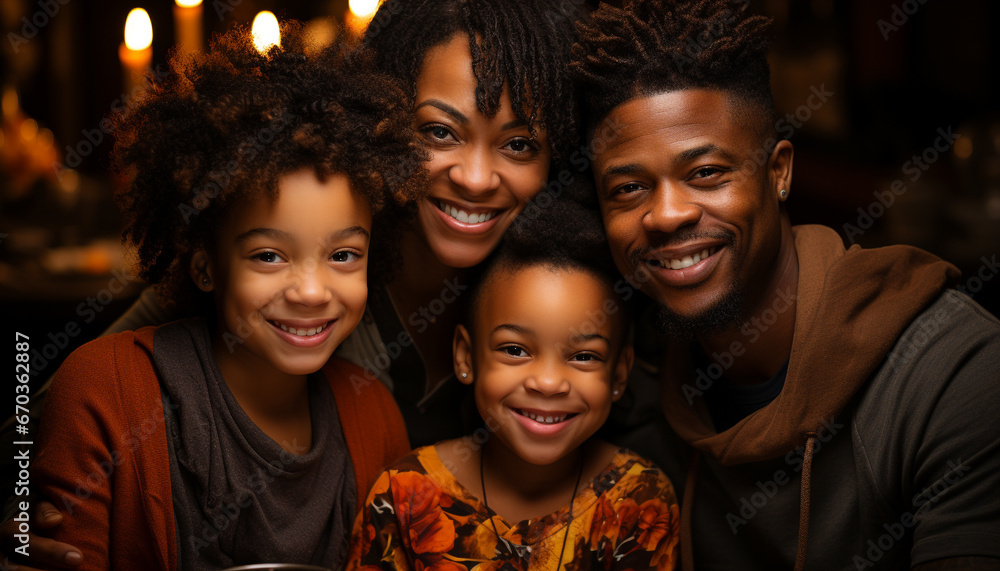 A happy family, smiling and looking at camera, indoors together generated by AI A happy family, smiling and looking at camera, indoors together generated by AI