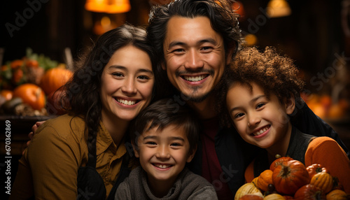 Smiling family celebrates Halloween  happiness and togetherness in autumn generated by AI