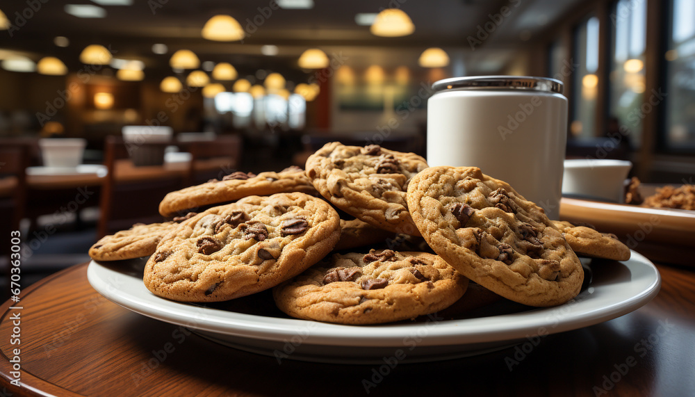 A stack of homemade chocolate chip cookies on a wooden table generated by AI A stack of homemade chocolate chip cookies on a wooden table generated by AI