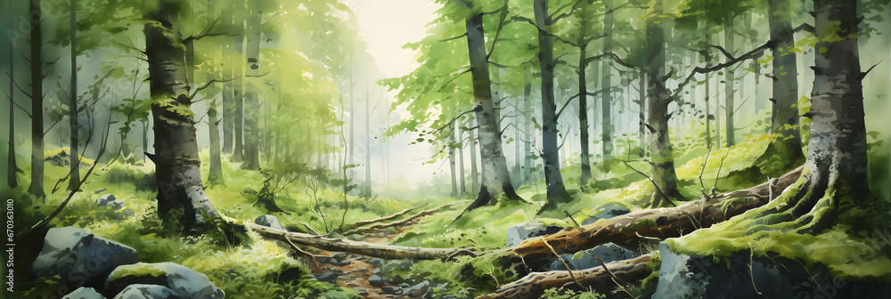 Fototapeta premium watercolour painting of the forest landscape, a picturesque natural environment in harmonious colours