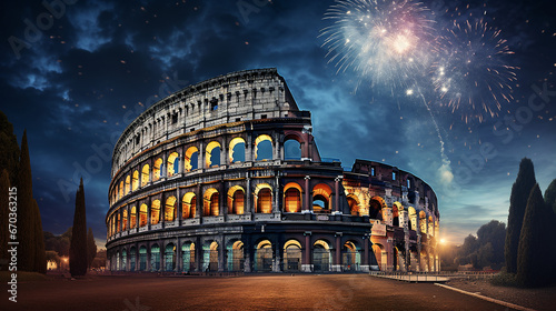 Fotografia Famous Colosseum of Rome at night with fireworks