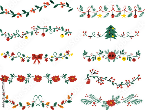 Decorative Floral Christmas Dividers and Borders with Mistletoe Leaves, Fir Branches and Twigs