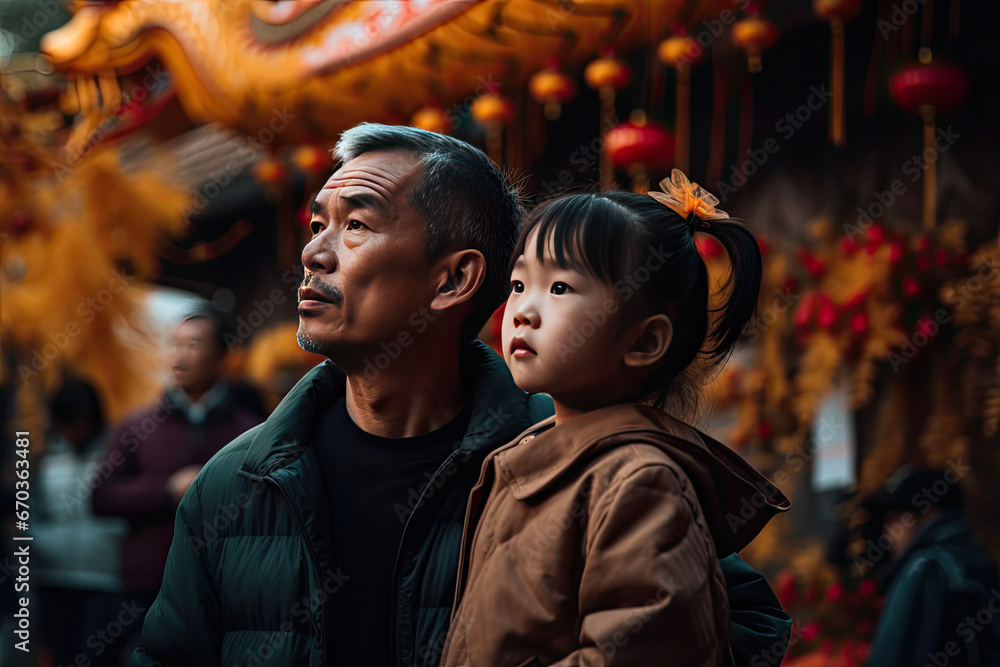Father and girl watching the Dragon Festival outdoors Father and girl watching the Dragon Festival outdoors