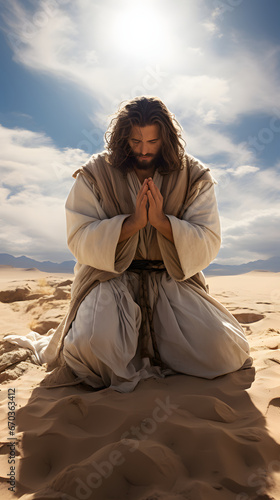Jesus praying on knees on sand in desert against sky