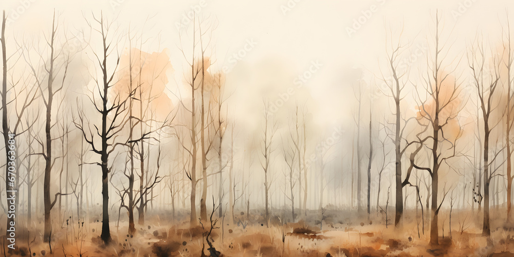 watercolour drawing forest pattern landscape of dry trees in autumn with fog background - obrazy, fototapety, plakaty 