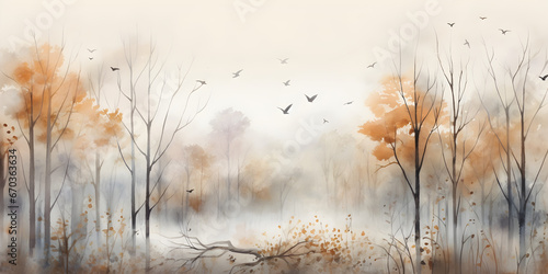 watercolour drawing forest pattern landscape of dry trees in autumn with birds and fog background