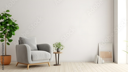 Modern interior of living room with gray armchair on empty white color wall background.