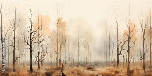 watercolour drawing forest pattern landscape of dry trees in autumn with fog background photo