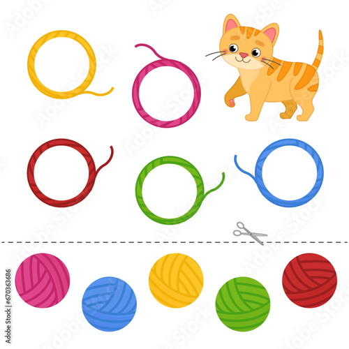 Matching children educational game. Match parts of yarn. Activity for pre sсhool years kids and toddlers.