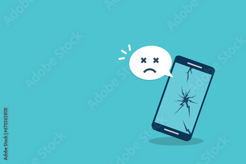Broken smartphone with sad smile. Broken phone service, recovery and repair concept.	