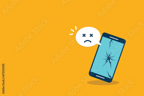 Broken smartphone with sad smile. Broken phone service, recovery and repair concept.	