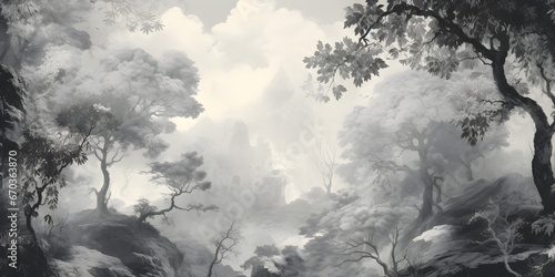 vintage drawing landscape forest of ancient European of trees, black and whit...