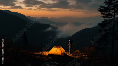 autumn campfire and tent in the night landscape of autumn mountains wildlife view hiking