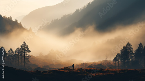 a lonely silhouette in a sunset landscape in the wild, fog autumn atmosphere of peace and tranquility photo