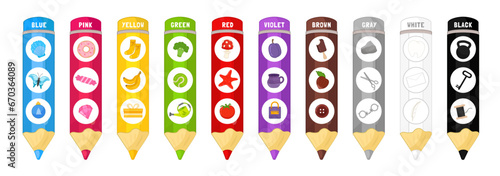 Vector illustration of cartoon colored pencils with objects of different colors. Educational game for children using Velcro.