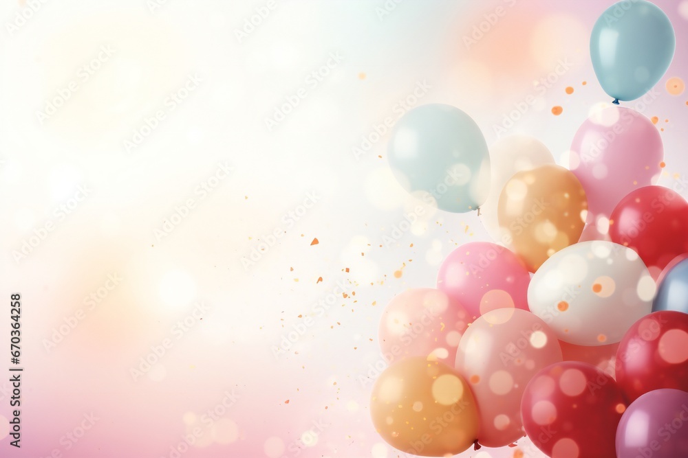Soft gentle Birthday background composition with balloons and confetti birthday card or invitation design Generative AI - obrazy, fototapety, plakaty 
