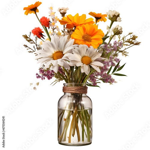 Fototapeta Naklejka Na Ścianę i Meble -  Vase of wildflowers on wooden table and High quality isolated on transparent background Generative AI
