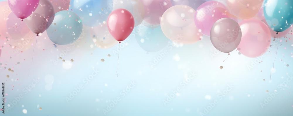 Soft gentle Birthday background composition with balloons and confetti birthday card or invitation design Generative AI