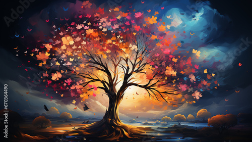multicolored autumn tree is a symbol of nature on an unusual background computer graphics logo © kichigin19