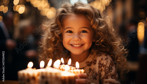 Smiling child celebrates Christmas, holding candle, surrounded by Christmas lights generated by AI