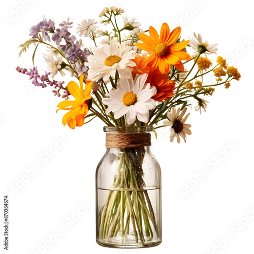 Vase of wildflowers on wooden table and High quality isolated on transparent background Generative AI