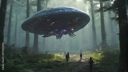 peculiar spaceship in the midst of a forest. UFO mystique in woodland setting, generative AI