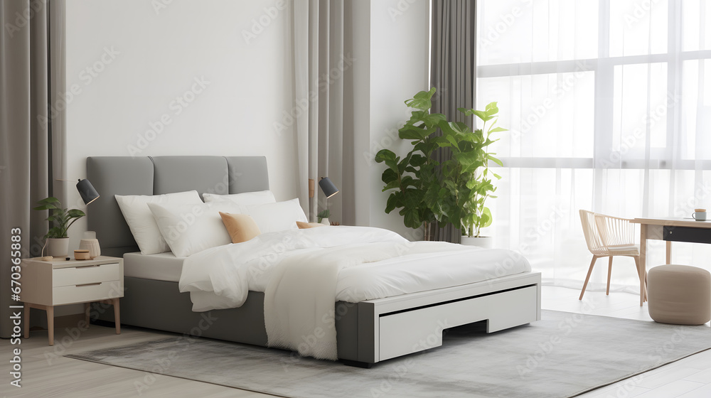 Obraz premium interior of a bedroom with a bed, Stylish bedroom interior with large comfortable bed and ottoman near window