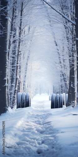 Winter tires in snowy forest with empty space Generative AI © LayerAce.com