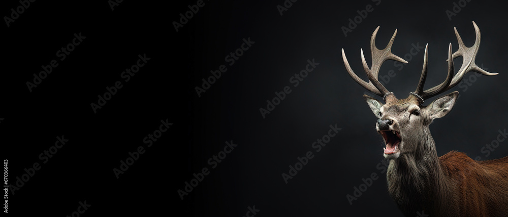 Front view of a axis deer on black background. Wild animals banner with empty copy space - obrazy, fototapety, plakaty 