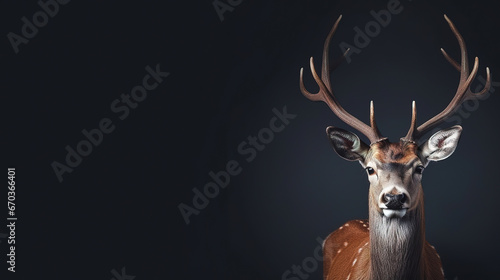 Front view of a axis deer on black background. Wild animals banner with empty copy space © Uwe