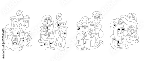 Set of arts with different portraits. Creative illustrations in doodle style.