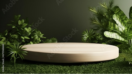 Wood tabletop counter podium floor in outdoors tropical garden forest blurred green leaf plant nature background.Natural product placement pedestal stand display summer jungle paradise concept.