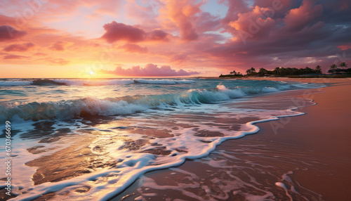 Sunset over the tropical coastline, waves reflecting the beauty in nature generated by AI