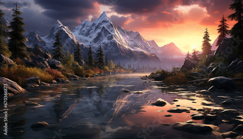 Majestic mountain peak reflects tranquil sunset over serene water generated by AI