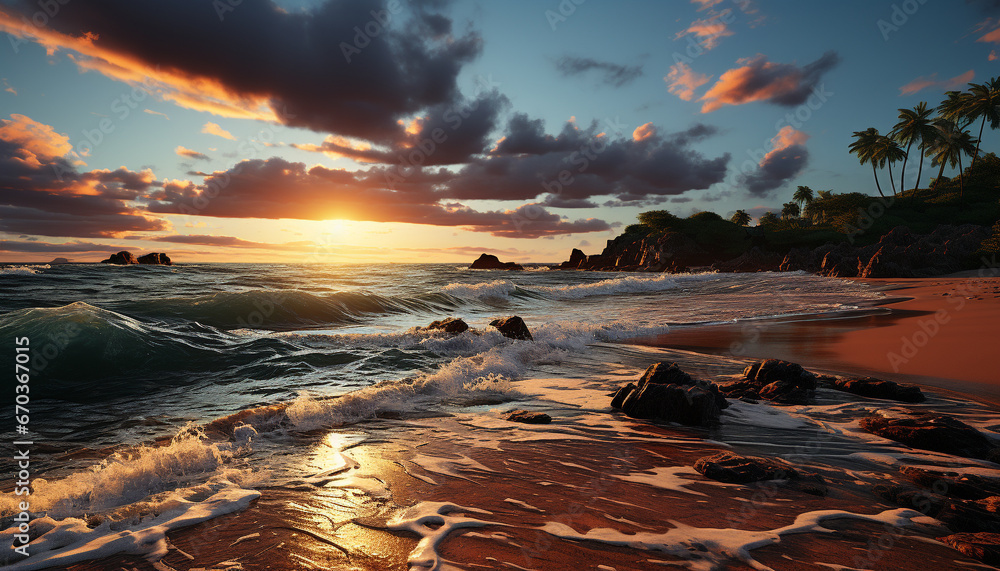 Sunset over the tranquil coastline, reflecting golden beauty in nature generated by AI