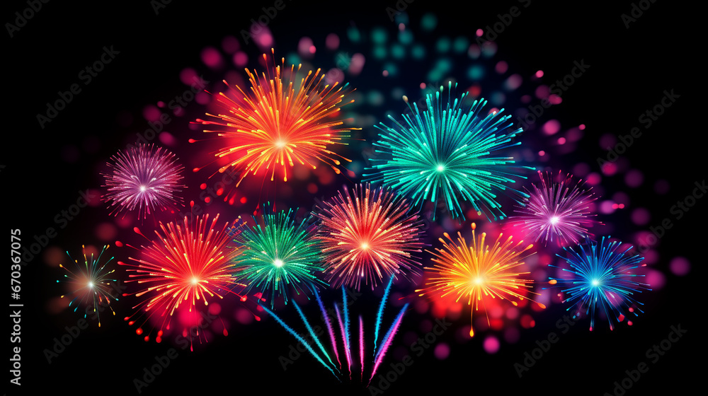 colorful fireworks on black background for festive celebration and decorative poster banner and greeting card design element 