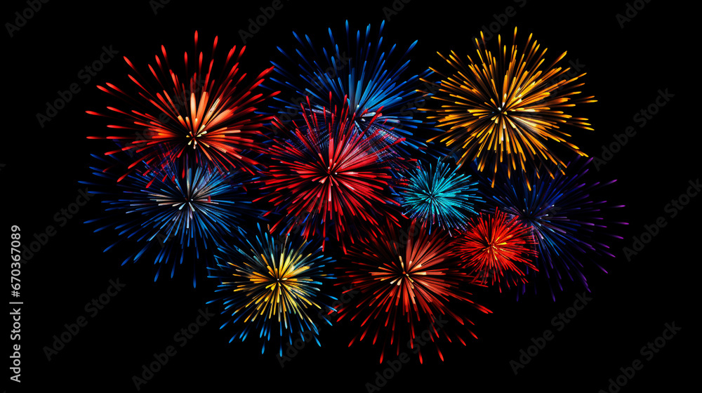 colorful fireworks on black background for festive celebration and decorative poster banner and greeting card design element 