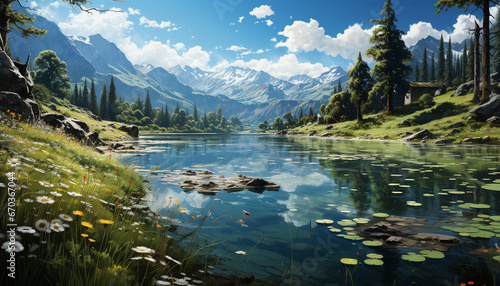 Majestic mountain peak reflects in tranquil pond, nature beauty generated by AI